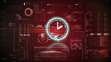 animation of scope scanning with clock over data processing on red background
