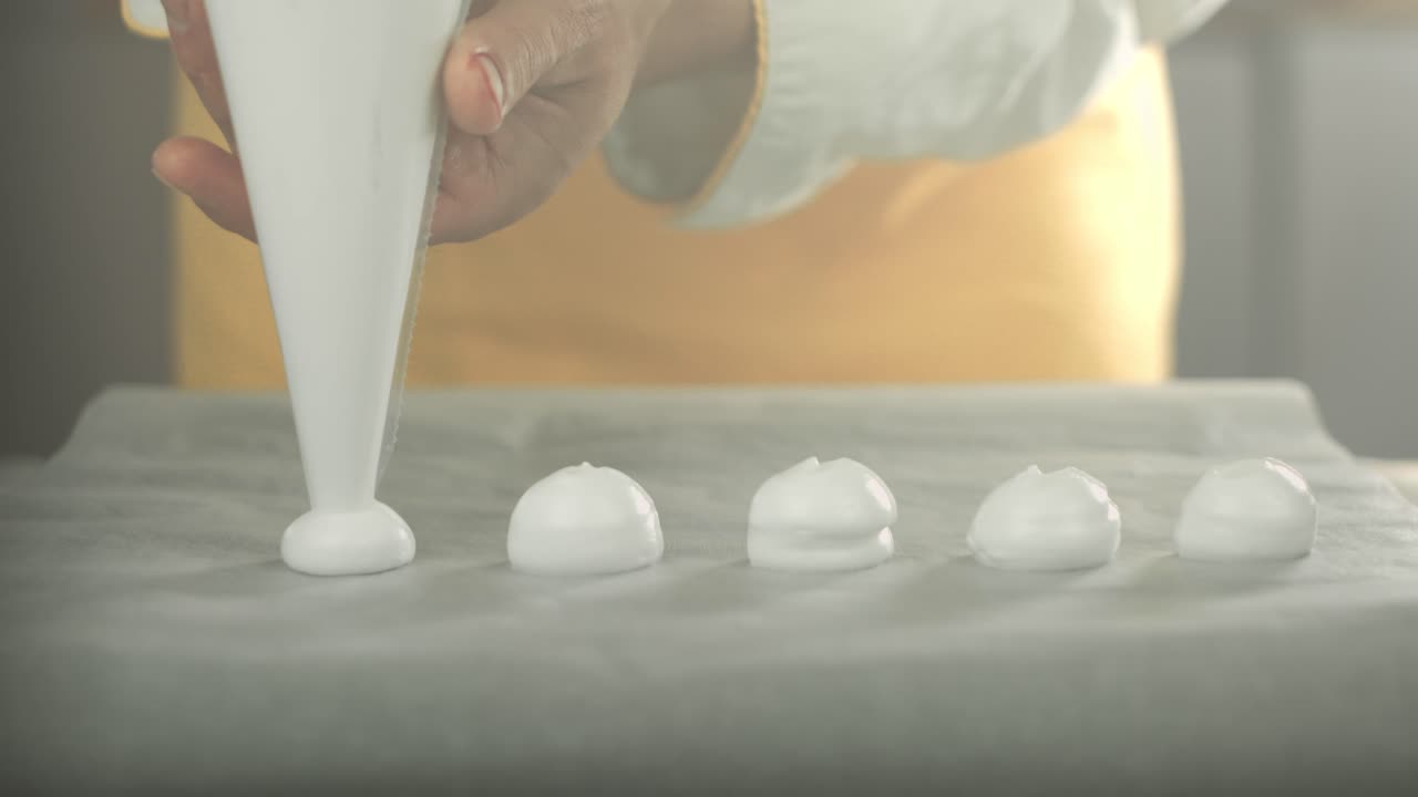 el chef coloca crema de clara de huevo batida con una manga pastelera en una placa de respaldo para hacer merengue