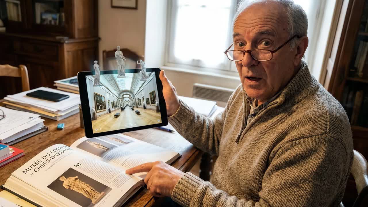 Elderly man using augmented reality on a tablet to view museum artifacts