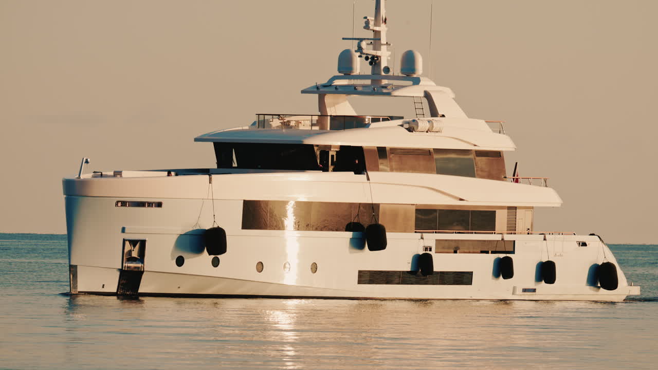 Vista laterale di un moderno yacht di lusso che solca le acque calme del mare con un faro in lontananza