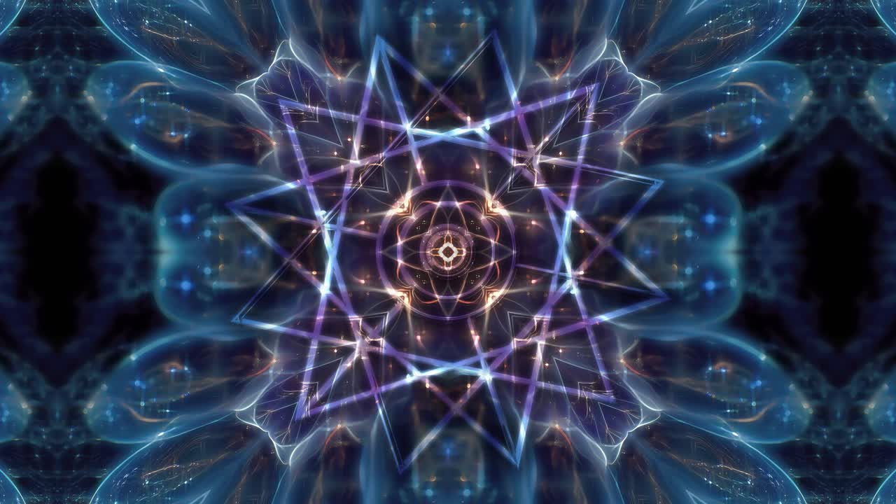 A luminous fractal loop built around a radiant star geometry mandala, with halos and golden energy. Seamless 4K60 perfect for VJ sets, projection mapping, meditation visuals, and high-end content