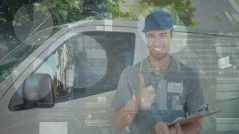 Statistical-data-processing-against-portrait-of-caucasian-delivery-man-with-clipboard-smiling