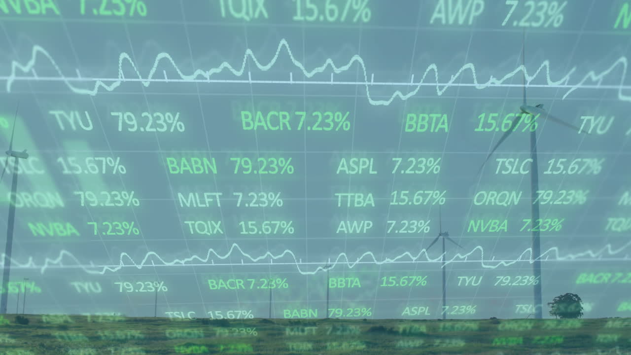 Green data overlaying rural landscape, showing stock tickers and percent graphs above wind turbines