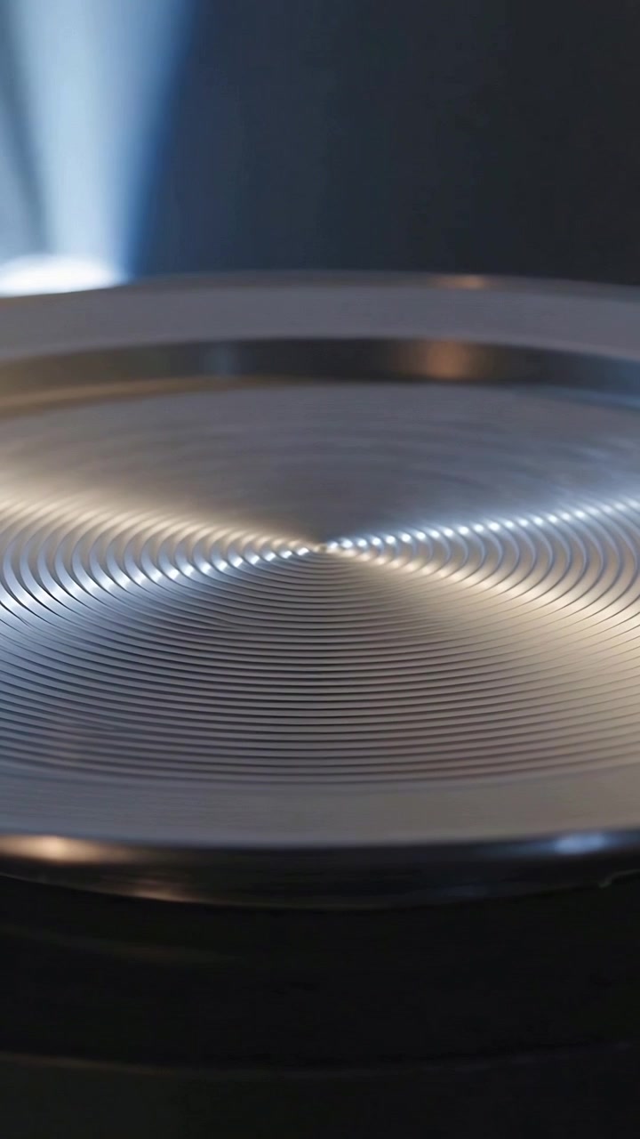 Vertical video: Appearing bluish beam causing grooved metal disc shimmering on studio base