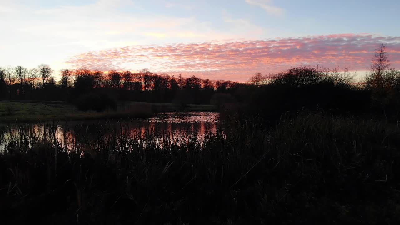 vista aérea de patos nadando en un lago en una hermosa puesta de sol