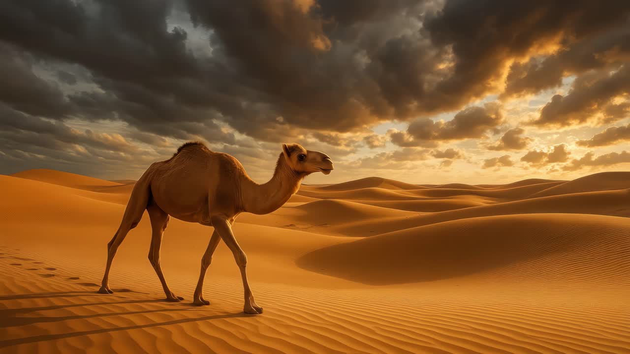 Un cammello cammina sulle dune di sabbia dorata sotto nuvole suggestive al tramonto
