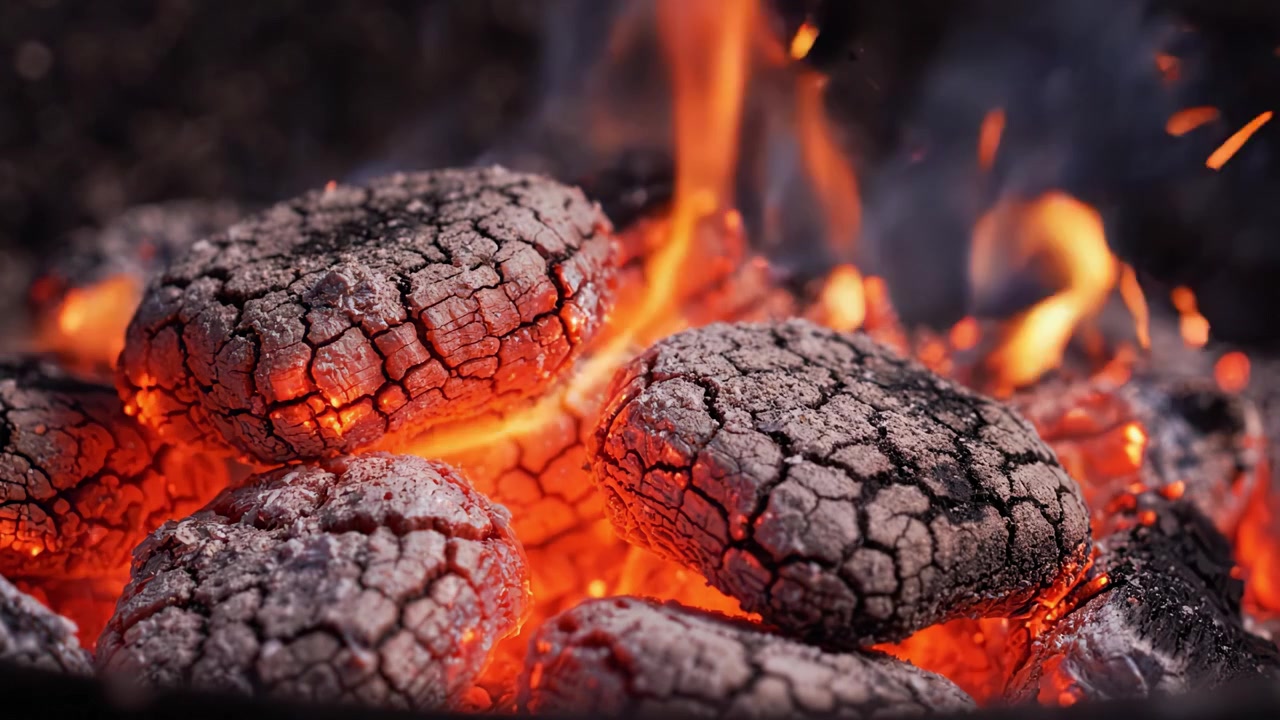 Braci di carbone incandescenti: un primo piano di carboni scoppiettanti in un barbecue, che irradiano calore e arricchiscono le esperienze di cucina all'aperto.
