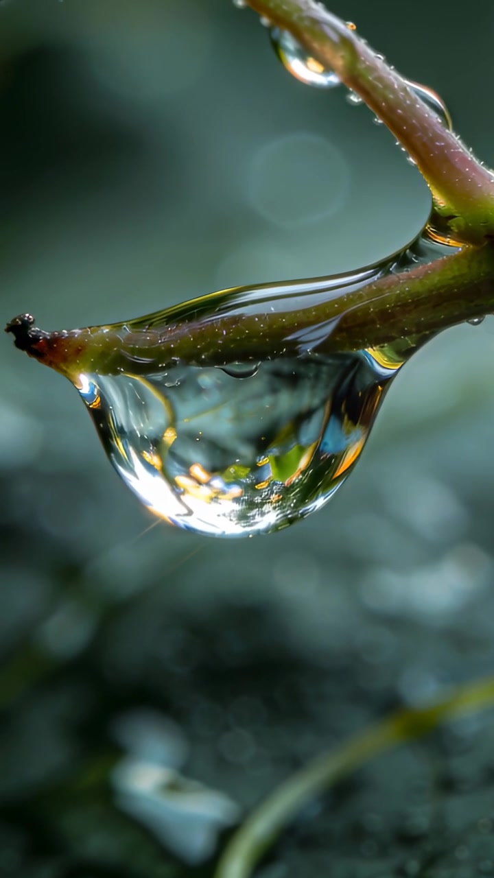 Video verticale: La gravità che tira una goccia trasparente, allungandola, che si posa su uno stelo in giardino con bolle.