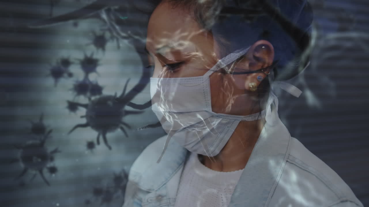 Animation of covid 19 cells moving over woman in face mask