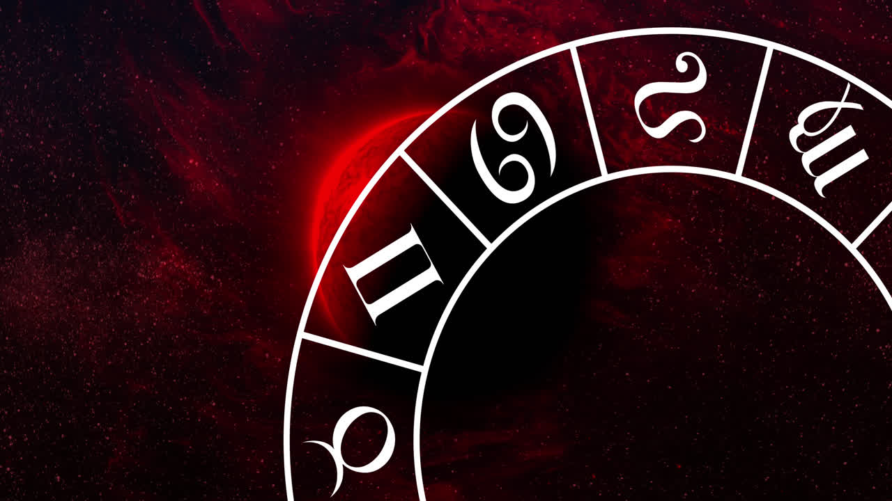 animación del planeta rojo y el zodiaco en el espacio negro con humo