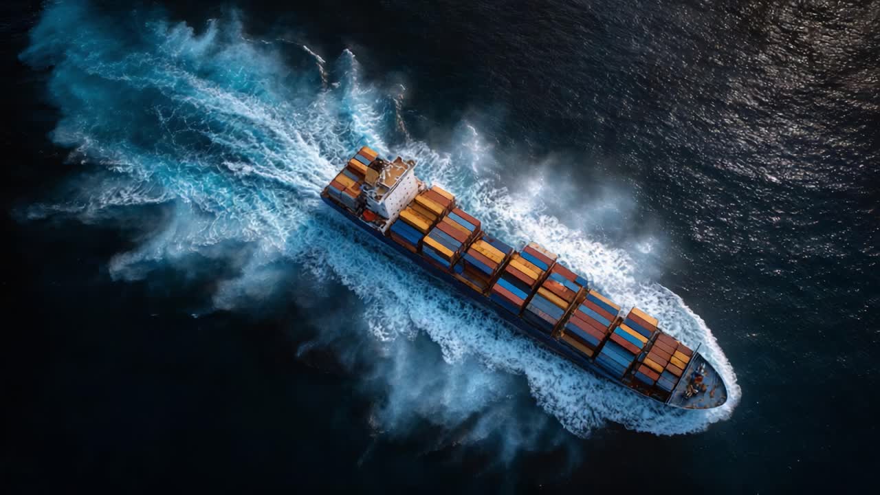 Aerial View of Container Ship Navigating Through Water, Creating Waves and Spray with Colorful Cargo Containers on Board, Reflecting Maritime Transport Dynamics