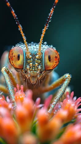 close-up view of a colorful insect with dew on a flower