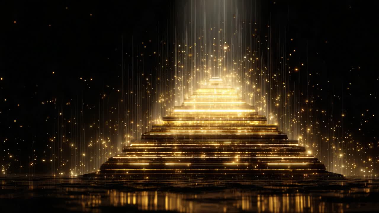 Golden light pouring down on a magnificent pyramid shaped staircase, with shimmering particles raining down and creating a magical, luxurious atmosphere on a dark background reflecting the scene