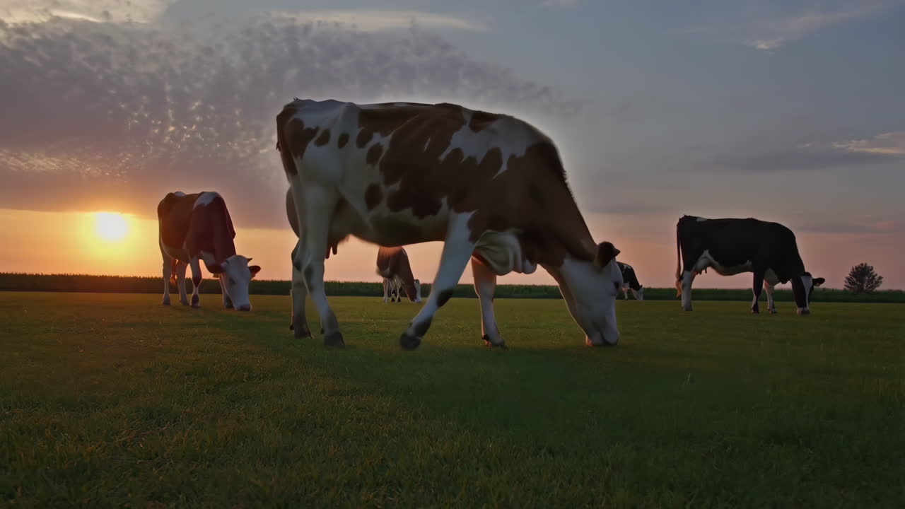 Cows Grazing in a Field at Sunset