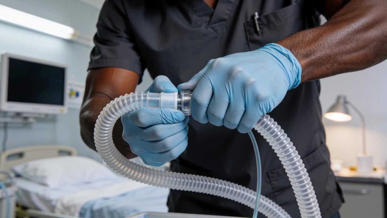 Inquadratura di un'infermiera in divisa, mani guantate che spingono il connettore del ventilatore e i tubi al capezzale per la configurazione della ventilazione
