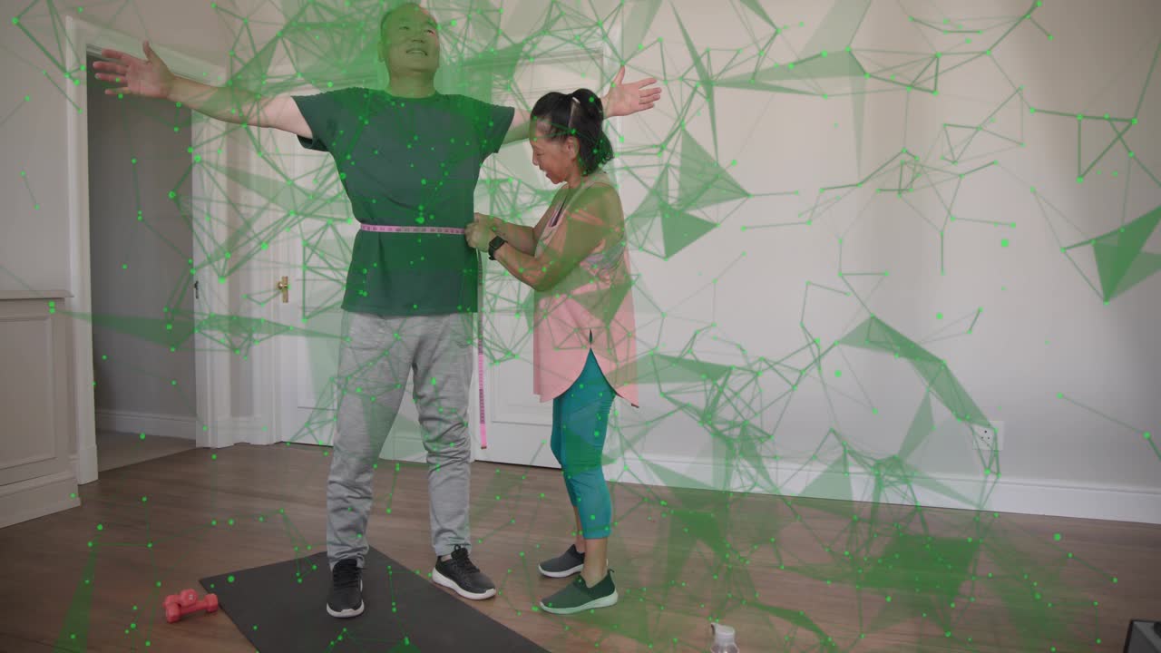 Man standing, woman entering and measuring waist for health, green overlay crossing, couple hugging