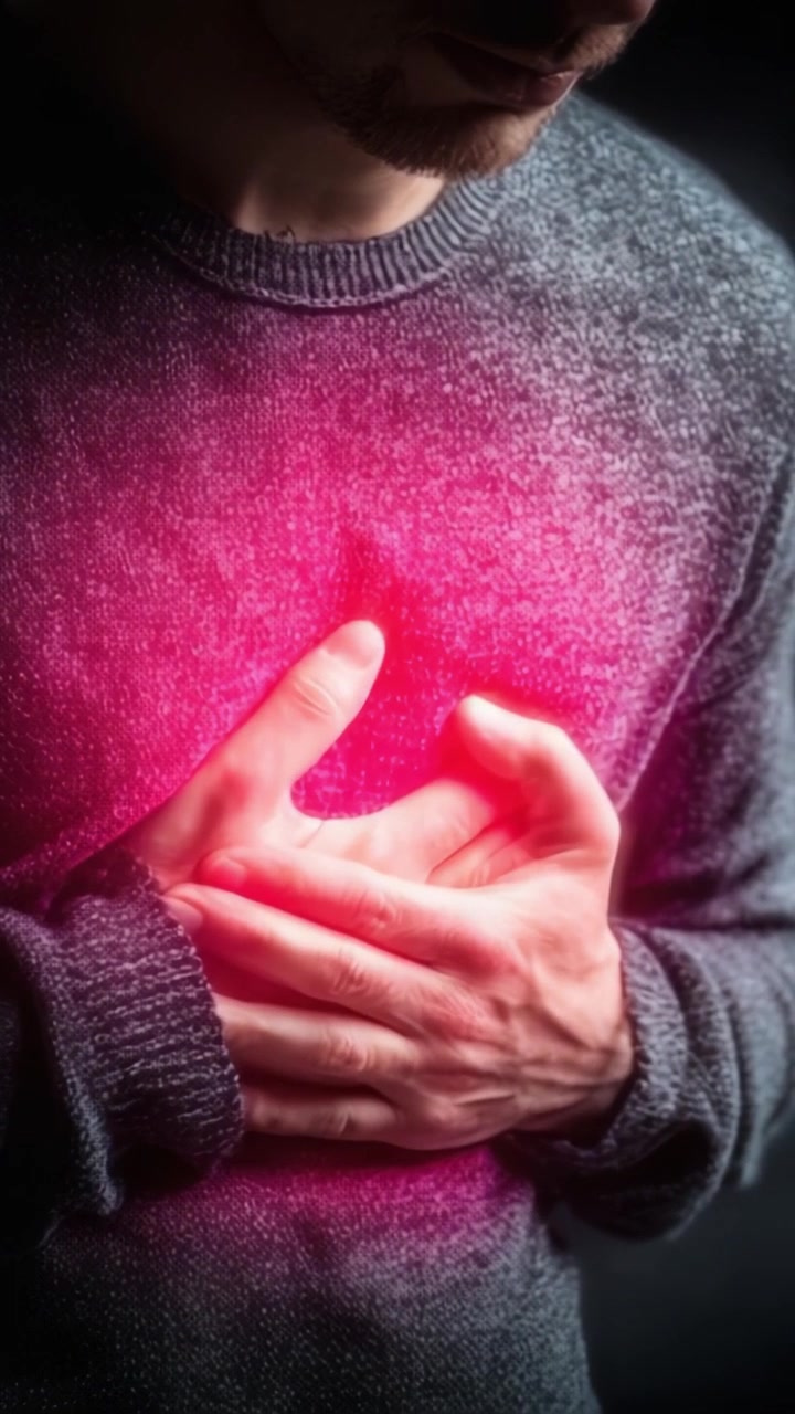 A man holding his chest, conveying emotions of discomfort and vulnerability, illuminated by a soft pink glow, creating an impactful visual narrative of introspection and feeling.