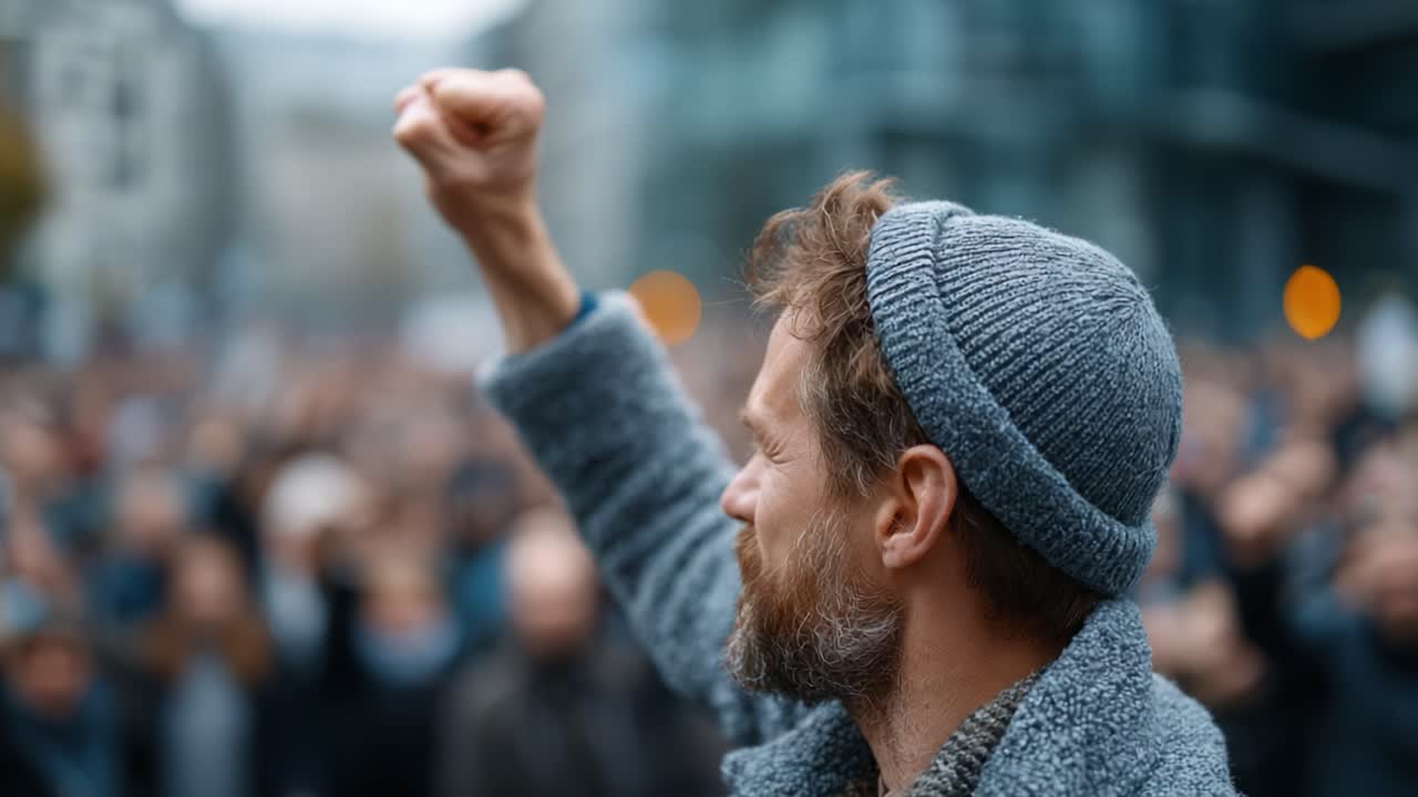 A determined individual raises a fist in solidarity during a gathering, symbolizing unity and resistance among the crowd, standing firm in their beliefs amidst a passionate demonstration
