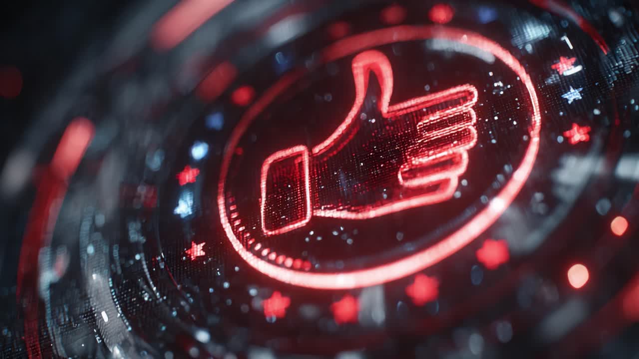 A Detailed View of a Red Neon Thumb-Up Icon Surrounded by a Circular Design with Stars, Representing Approval and Positive Feedback in Digital Media