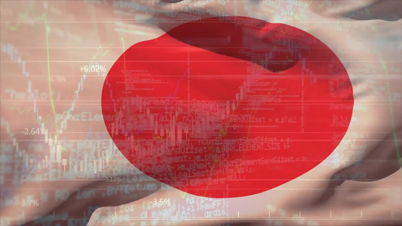 揺れる日本国旗を背景に金融データ処理のアニメーション