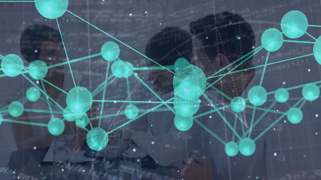 In office, people discussing with network of connections and data processing animation