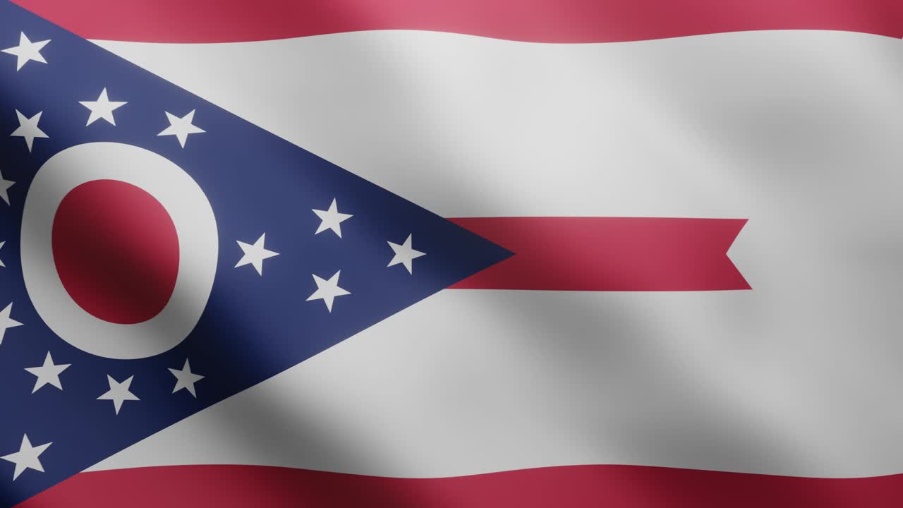 la bandera de ohio ondeando en tres dimensiones. en el fondo, hay una bandera nacional soplando en el viento. clip de video animado de 4k con un bucle continuo realista
