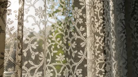 delicate lace curtains bathed in soft morning light, showcasing intricate floral patterns while allowing a glimpse of the lush greenery outside