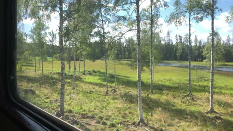 looking through the windows of an old orange train - railcar that are moving, outside a lake is passing by