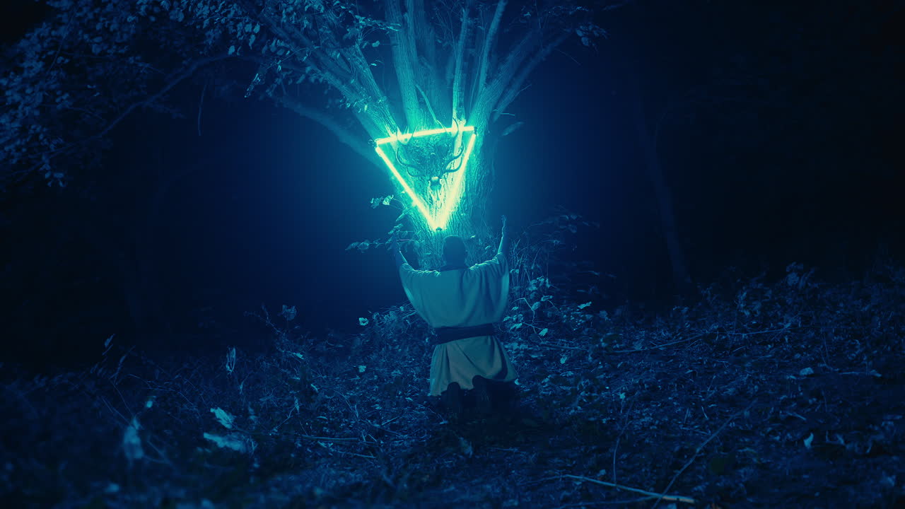 Mystical Figure in Illuminated Forest