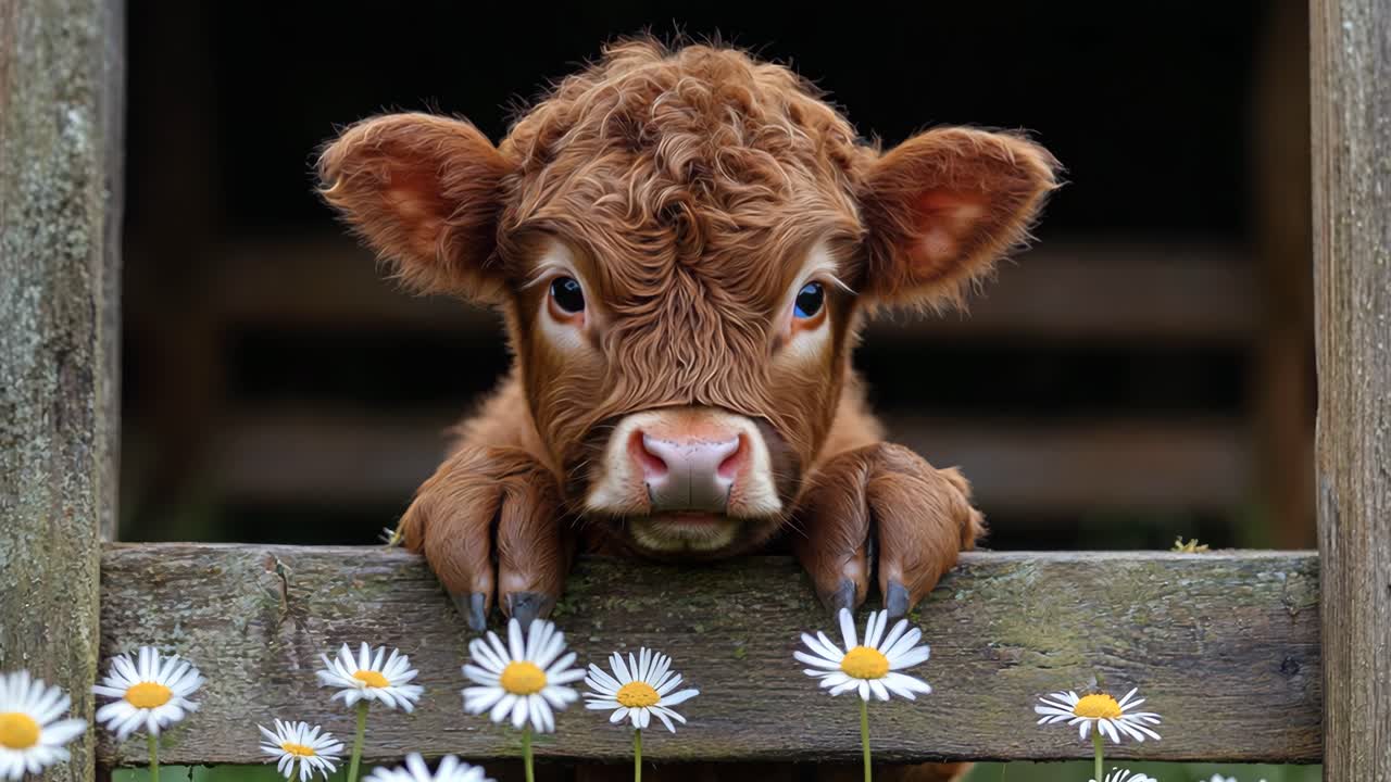 A baby cow is standing in front of a fence with flowers. The cow is looking at the camera