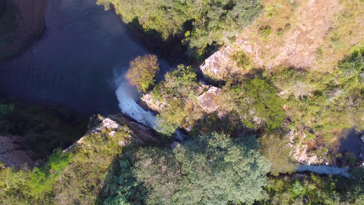Aerial Drone over a river and waterfall at Blyde Canyon in Drakensberg Mountains.