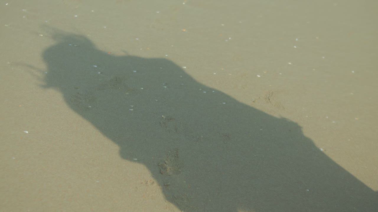 Shadows of people moving and walking on sand with hair blowing in the wind