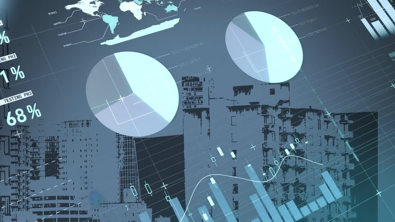Animation of data processing over cityscape