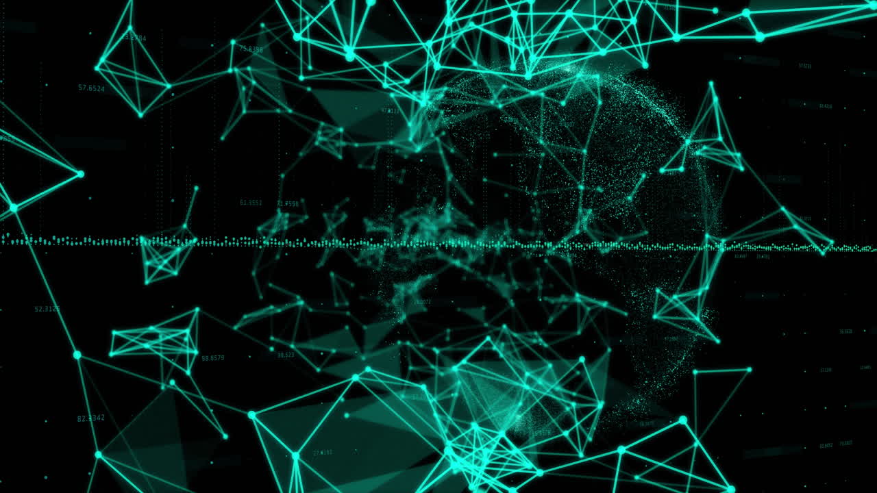 animación del procesamiento de datos sobre redes de plexo verdes brillantes contra un fondo negro.