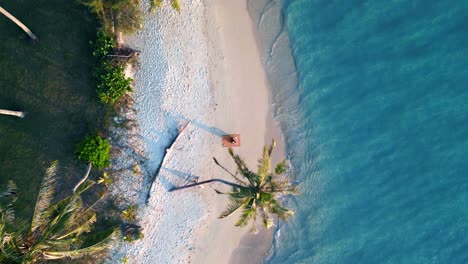 Chica-De-Yoga-En-Una-Alfombra-Bajo-Palmeras-En-Una-Playa-De-Ensueño-Con-Aguas-Turquesas-Cristalinas