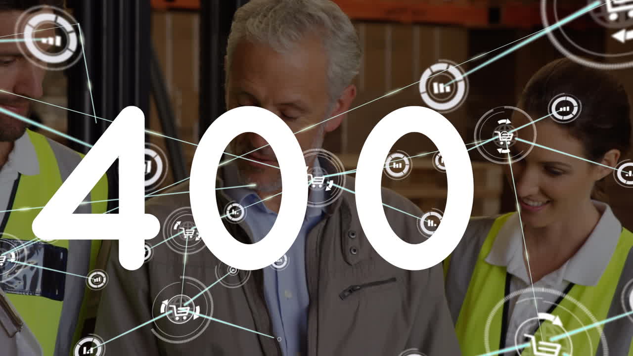 숫자가 변하는 애니메이션, 창고에서 일하는 다양한 사람들 사이의 연결 네트워크