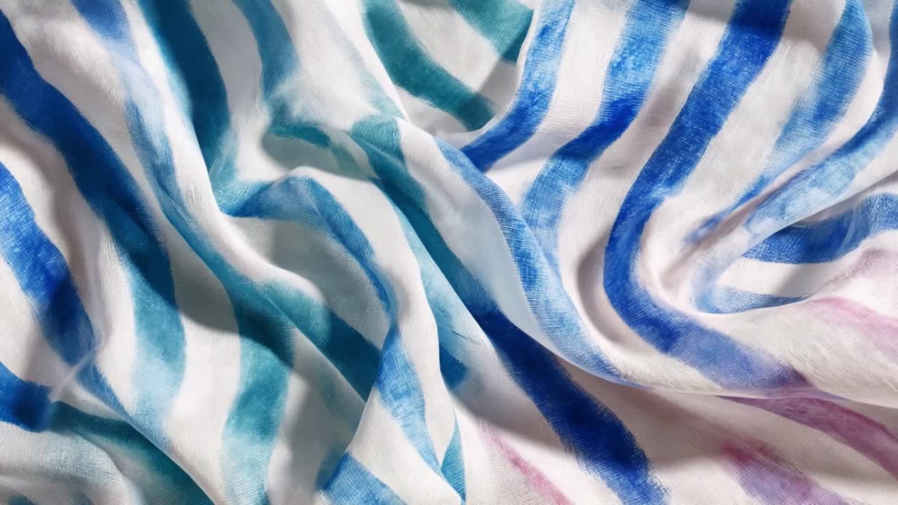 Elegant Fabric Close-Up: A Stunning Display of Flowing Textures Featuring Waves of Blue and Green Stripes on a Soft White Background, Showcasing the Beauty of Textile Design