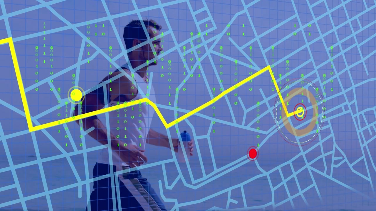 Animation of data processing with map over caucasian man running