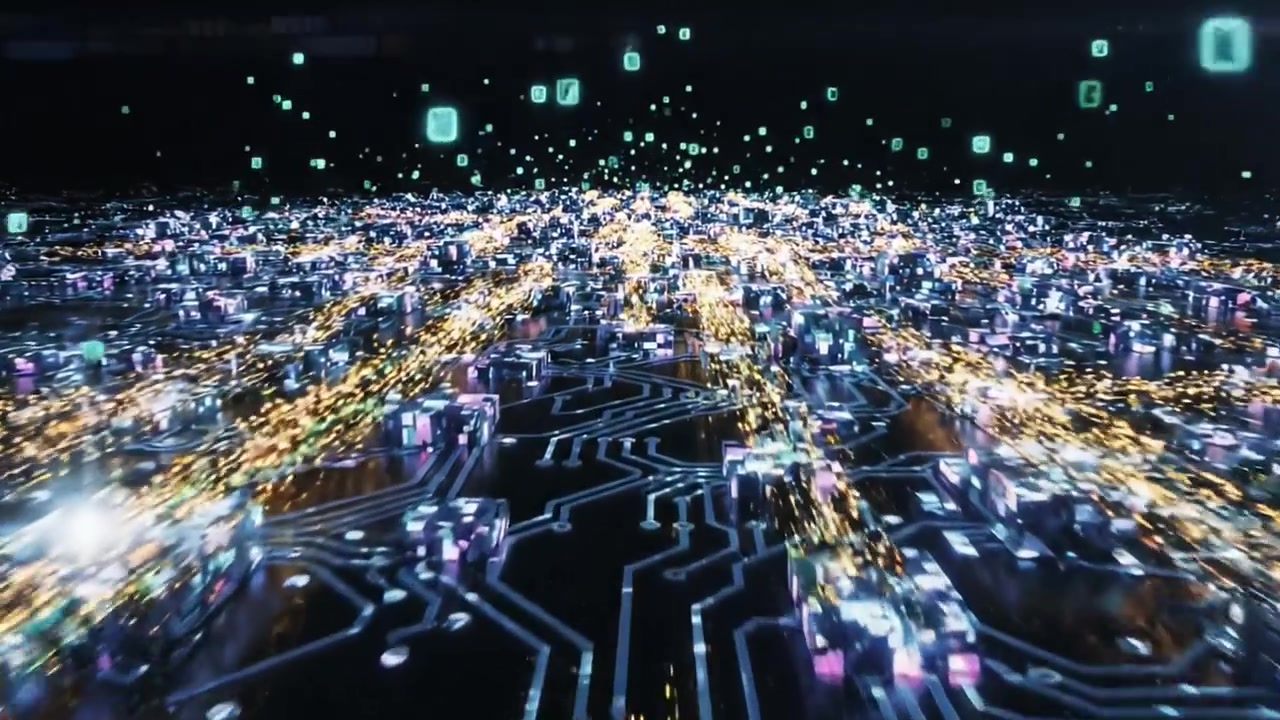 Un'immersione mozzafiato nel regno digitale: esplorando un paesaggio urbano futuristico di circuiti e dati in un ambiente vibrante e intriso di neon, che incarna la tecnologia al suo apice.
