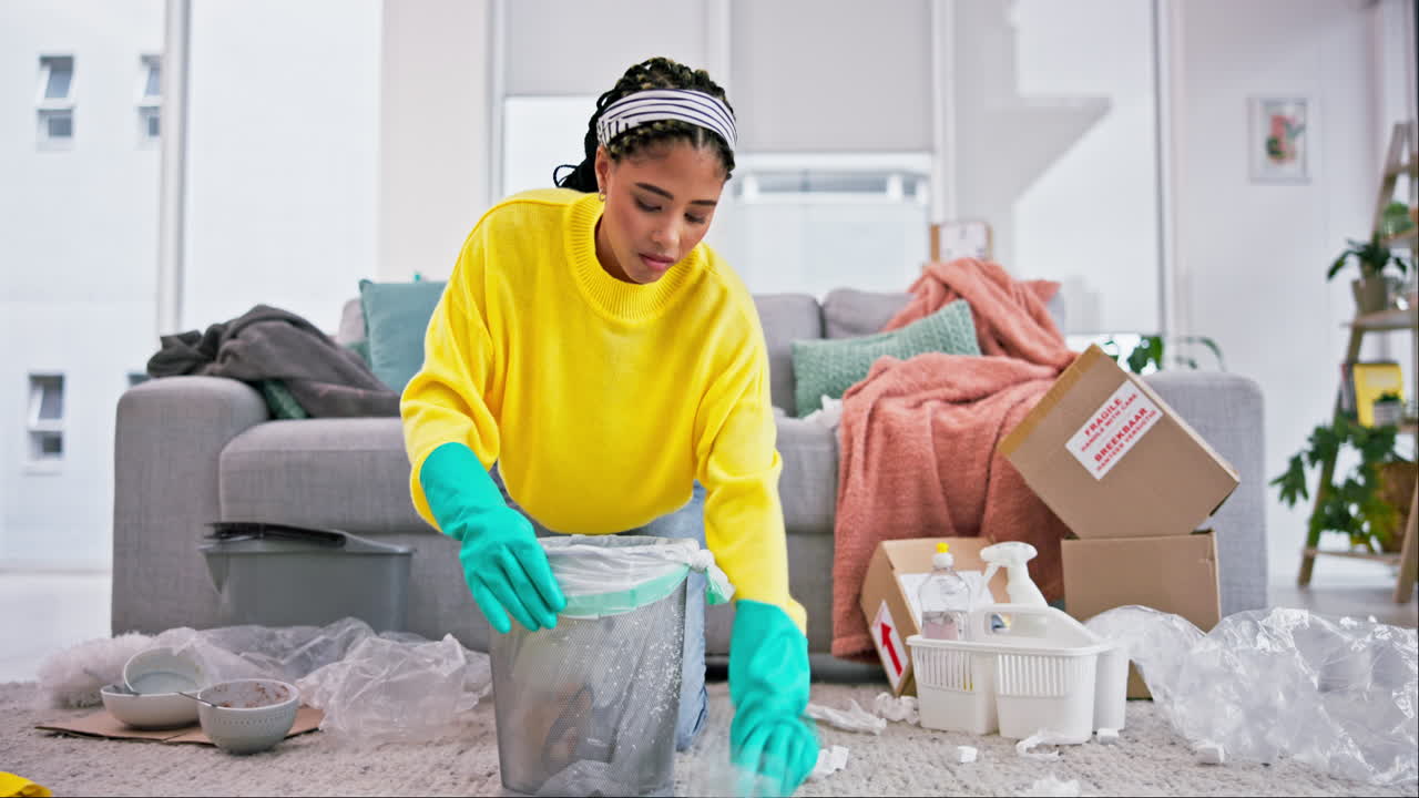 Cleaning, garbage and woman in living room