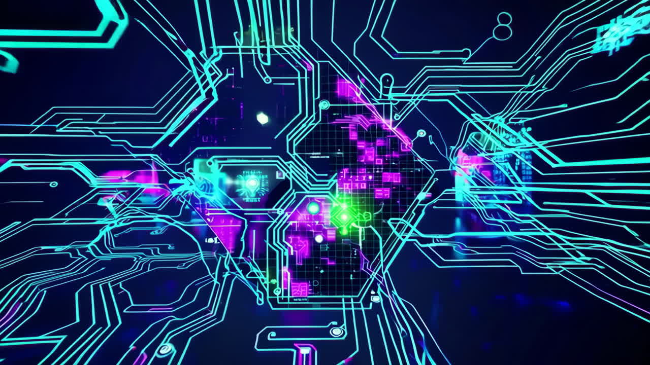 Abstract Digital Circuit Board Network with Neon Lights