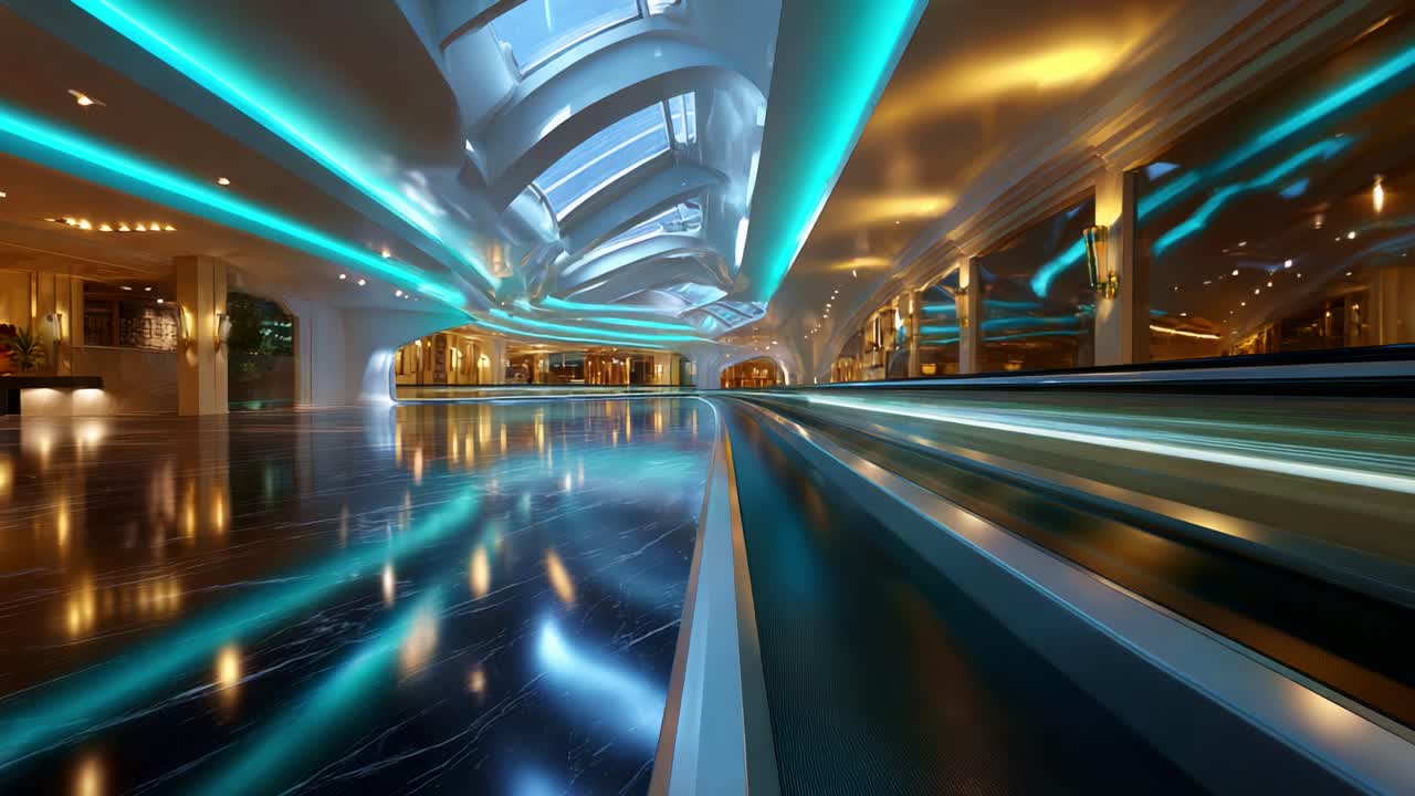 A Stunning Architectural Marvel: Modern Interior Design Featuring Sleek Lines, Ambient Lighting, and Reflective Surfaces Creating an Inviting Atmosphere in a Spacious Environment