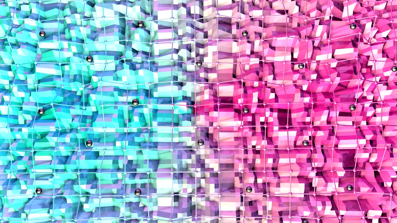 baja superficie polimétrica 3d con cuadrícula o malla voladora y esferas negras como fondo cibernético. bajo fondo polimétrico geometrico suave de polígonos rojos azul puros.