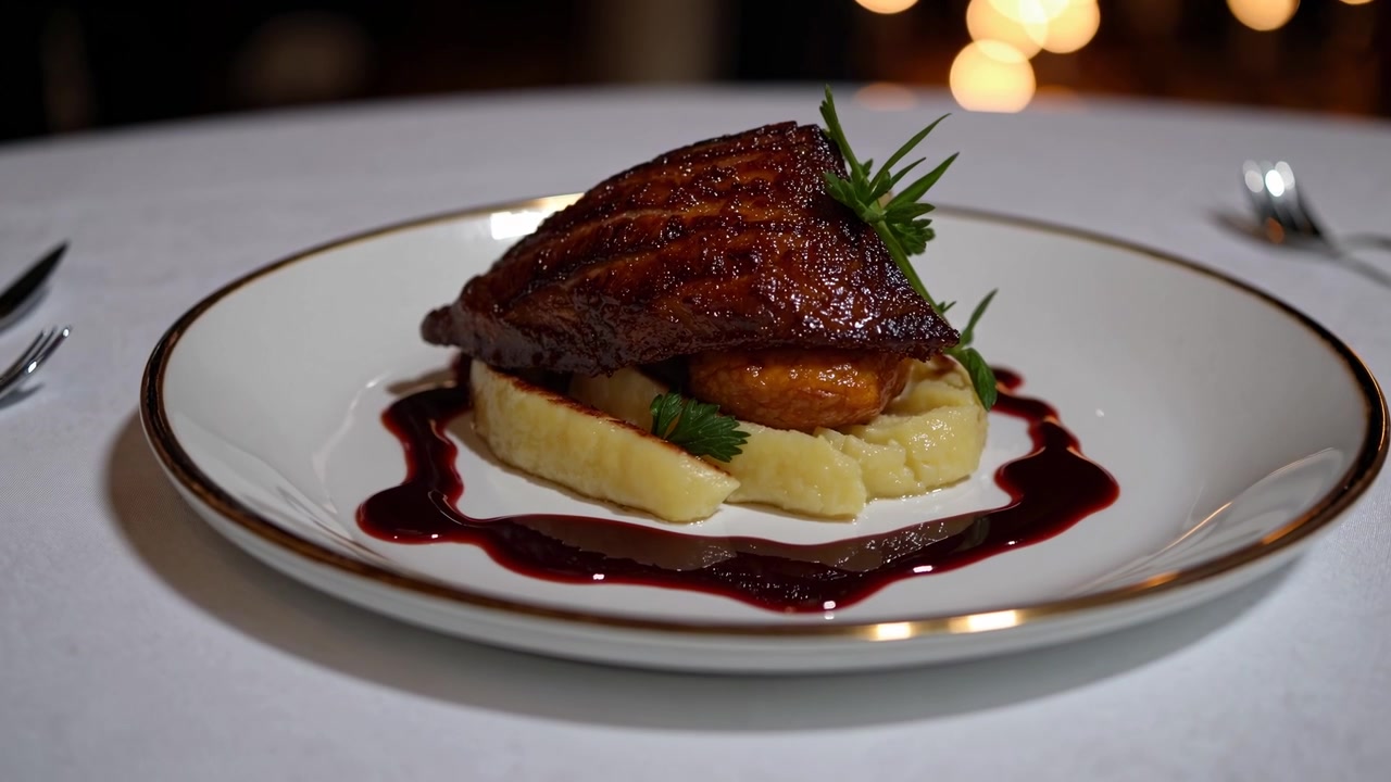 Gourmet Roasted Duck Breast Served with Mashed Potatoes and Red Wine Sauce