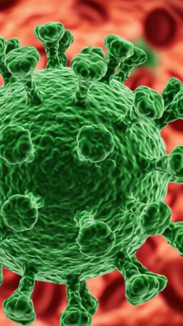 Prospettiva ravvicinata di virus nel flusso sanguigno: visione microscopica di patogeni tra i globuli rossi in un ambiente biologico dinamico.
