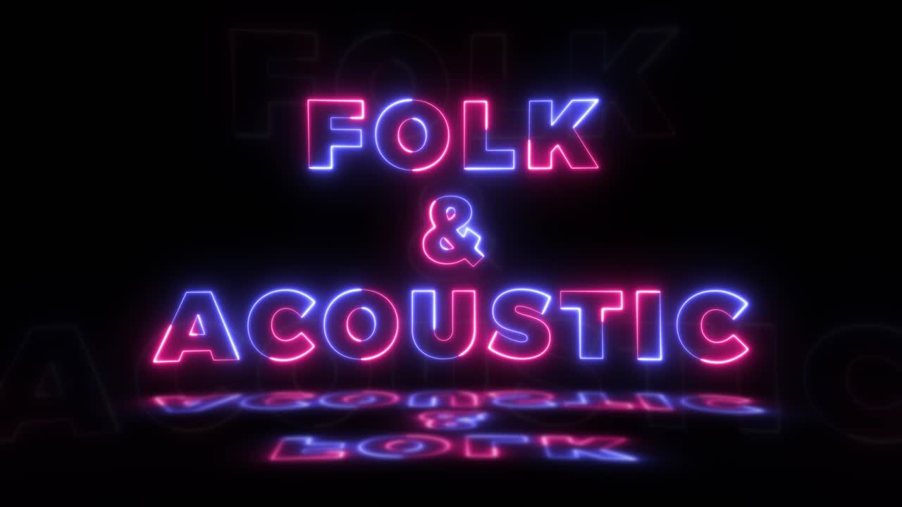흑색 배경에 '포크 앤 어쿠스틱'이라는 네온 빛나는 단어와 바닥에 반사되는 네온 빛의 표지판