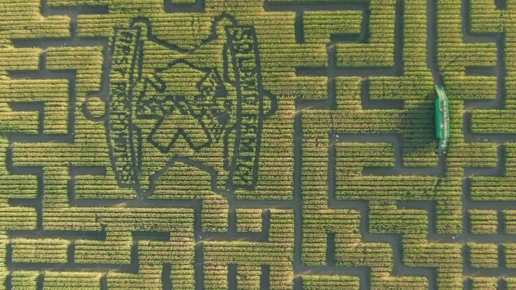 Guinness World Records, il labirinto di mais più grande a Dixon, California, vista drone dall'alto dell'intero labirinto
