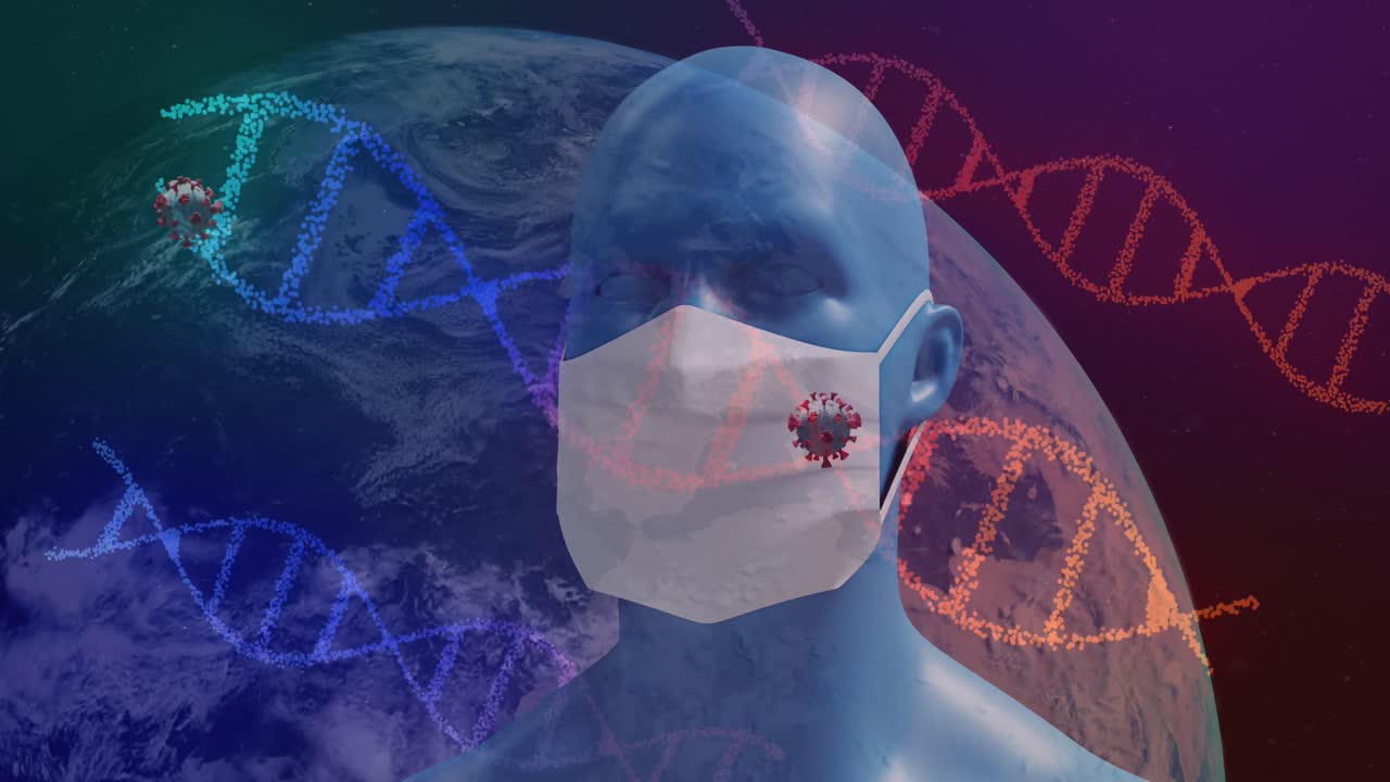dna와 코로나바이러스 세포가 마스크를 착용한 남자 위를 날아다니고 있습니다.