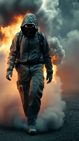 man walks through smoke and fire in a dramatic urban setting