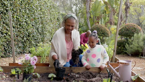 Feliz-Abuela-Y-Nieta-Afroamericana-Plantando-Flores-En-El-Jardín,-Cámara-Lenta